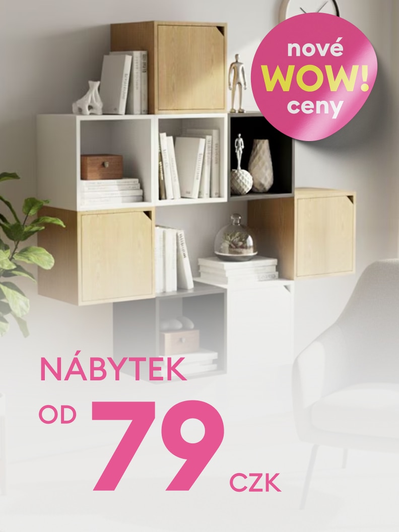 Propagace cenově dostupného nábytku s akčními cenami od 79 Kč, zaměřená na moderní úložná řešení a zařízení domácnosti.