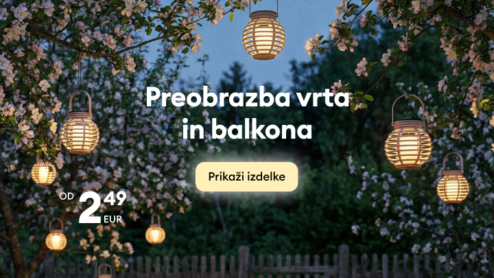 Promocija izdelkov za preobrazbo vrta in balkona z okrasno zunanjo razsvetljavo, ki ustvarja prijetno vzdušje in spodbuja nakup po dostopni ceni.