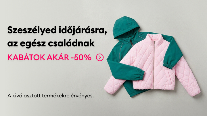 Időjárásálló kabátok promóciója az egész család számára, szezonális vásárlás ösztönzése jelentős kedvezménnyel, kiválasztott termékekre.