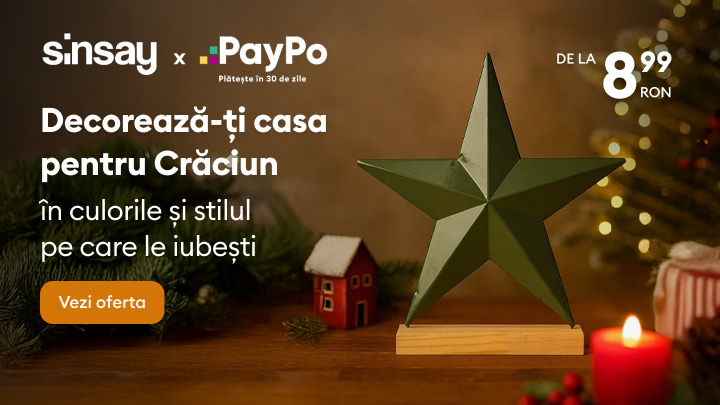 Decorează-ți casa pentru Crăciun cu decorațiuni disponibile în culorile și stilul pe care le iubești. Descoperă ofertele Sinsay și profită de prețuri avantajoase, de la 8,99 RON. Plateste în 30 de zile cu PayPo. Text pe buton: Vezi oferta. banner