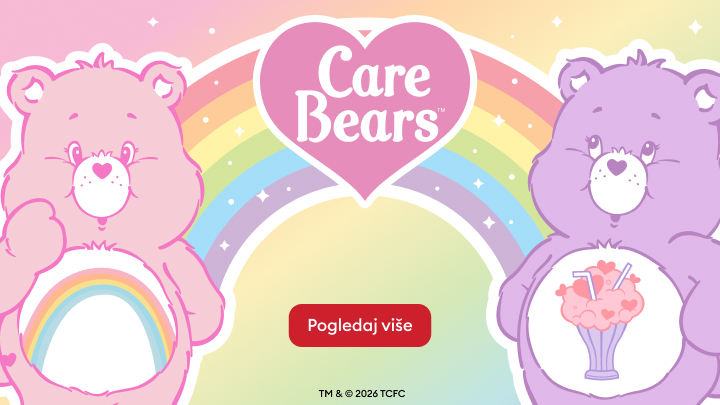 Promotivni banner koji poziva na istraživanje kolekcije Care Bears i povezane ponude za djecu.