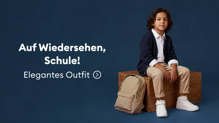 Bewerbung eines eleganten Kinder-Outfits für Schule oder besondere Anlässe, kombiniert mit Rucksack, als Modeinspiration.