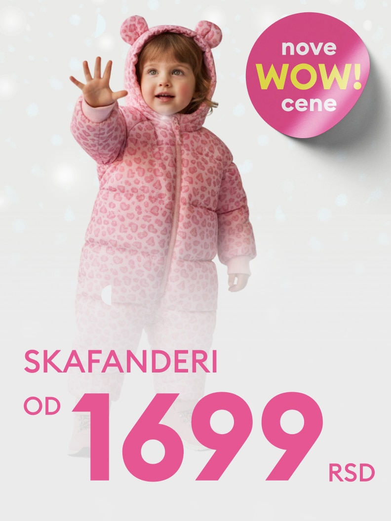 Reklama zimowych kombinezonów dziecięcych w promocyjnej cenie od 59,99 zł. Widoczny napis 