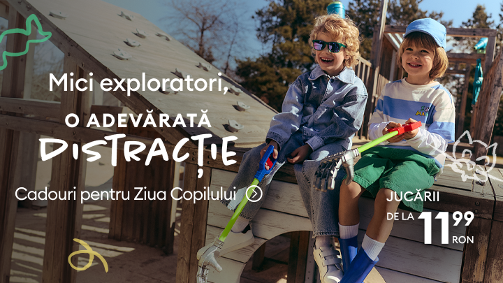Promovare de jucării pentru copii ca idei de cadouri de Ziua Copilului, evidențiind joaca în aer liber și distracția pentru micii exploratori, la preț accesibil.