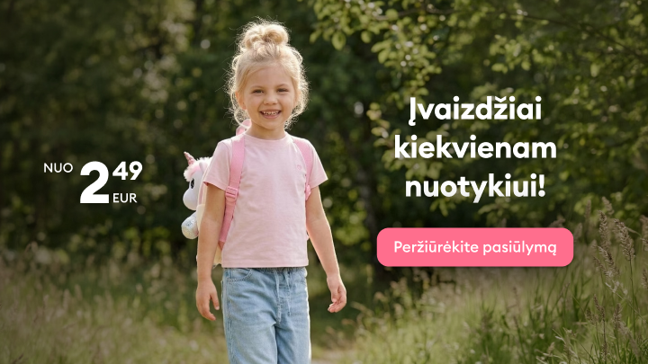 Reklaminė iliustracija, kviečianti peržiūrėti vaikų aprangos pasiūlymus kasdieniams nuotykiams už prieinamą kainą.