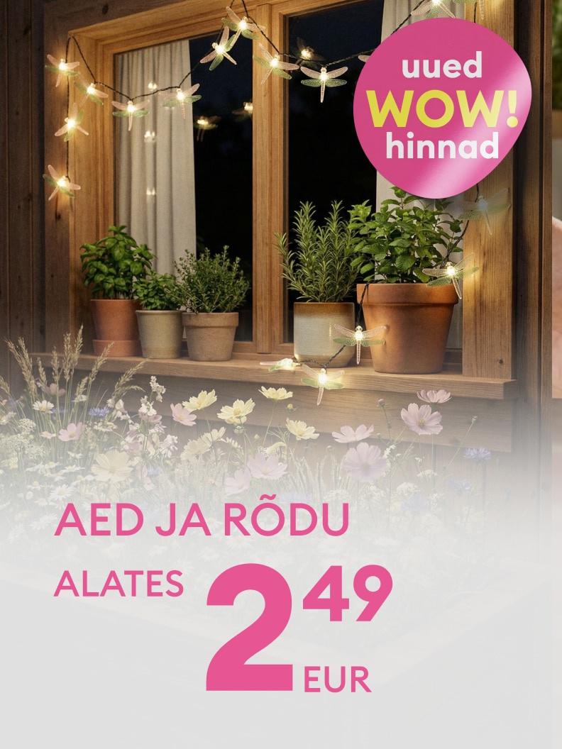 Aiavalgustite ja rõduvalgustite sooduspakkumine alates 2,49 eurost, teavitades uutest eriti soodsatest hindadest kodu välialade valgustamiseks.