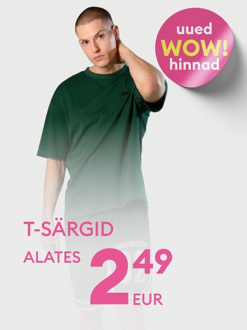 Reklaam kutsub tutvuma T-särkide sooduspakkumisega, kus uute kampaaniahindadega on tooted saadaval alates 2,49 eurost.