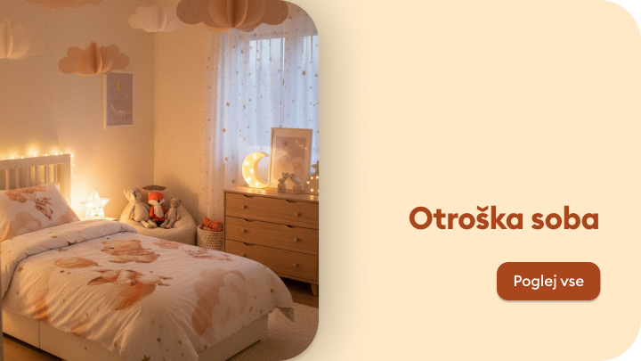 Navdih za opremljanje otroške sobe z udobno posteljo, shranjevanjem in dekorjem, namenjen predstavitvi ponudbe ali idej za prijeten prostor za otroke.