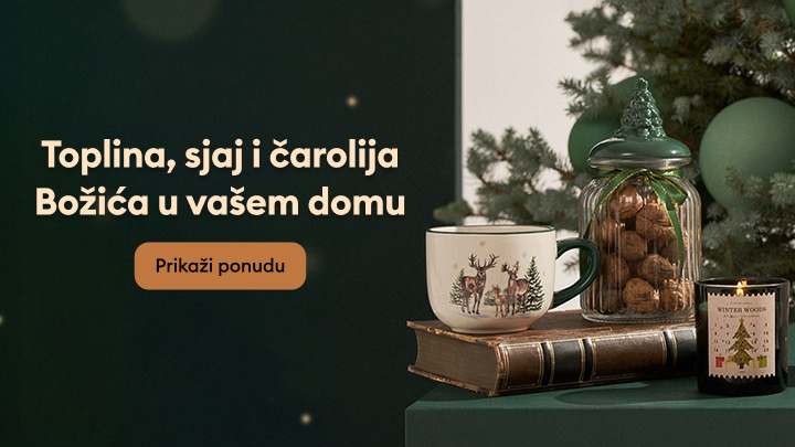 Toplina, sjaj i čarolija Božića u vašem domu. Naslov poziva na stvaranje prazničnog ugođaja uz proizvode prikazane na slici, uključujući šolju s motivom jelena, staklenu teglu s orasima, svijeću s božićnim mirisom i ukrase. Dugme poziva da pogledate ponudu.