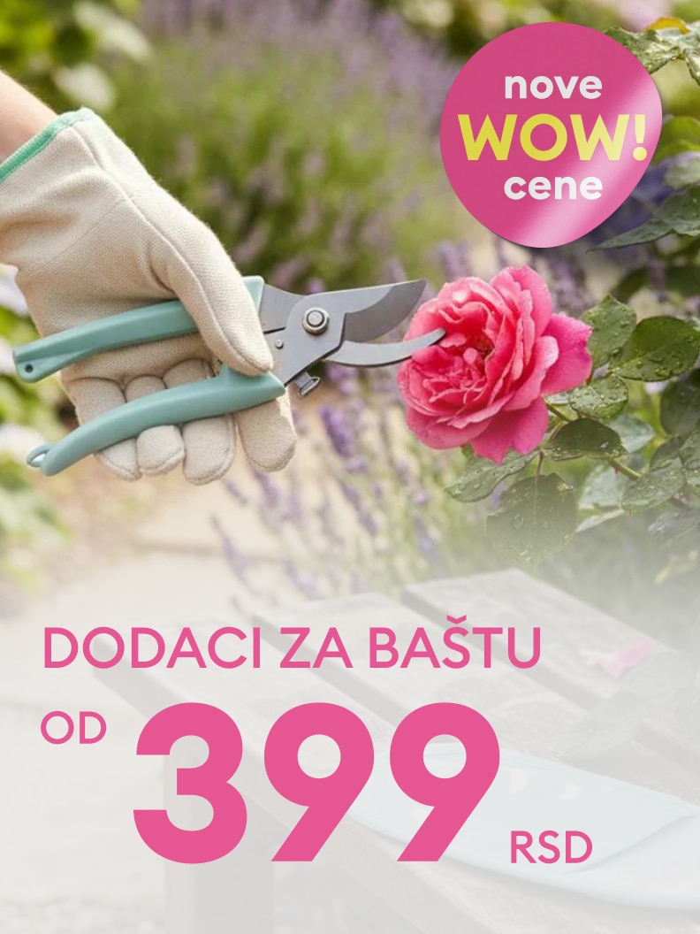 Promotivna poruka o ponudi baštenskog alata i dodataka po sniženim cenama, namenjena kupcima koji traže povoljne proizvode za negu bašte.