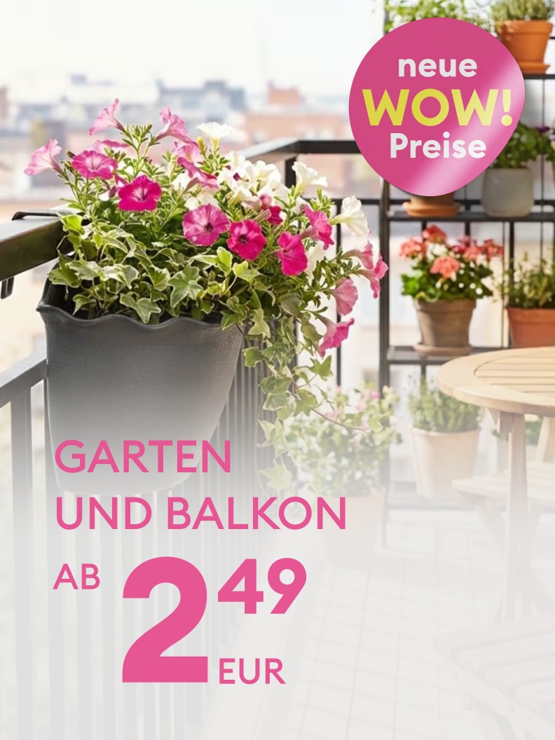 Werbebanner zur Bewerbung von Angeboten für Garten- und Balkonartikel mit Hinweis auf neue, besonders günstige Preise.