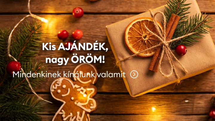 Karácsonyi hangulatot idéző kép, amelyen ajándékdoboz, mézeskalács figura, fenyőágak, narancsszelet és fahéj szerepelnek. Szöveg: "Kis ajándék, nagy öröm! Mindenkinek kínálunk valamit." Ünnepi ajánlatokat hirdető promóció.