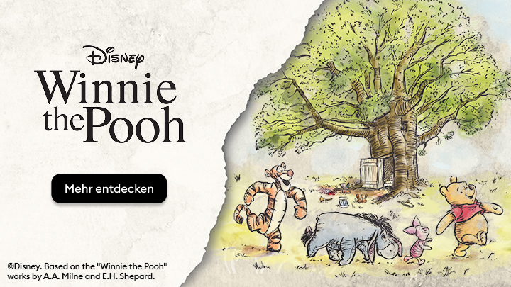 Ein Bild zeigt Pooh, Tigger, I-Aah und Ferkel unter einem Baum. Sie verbringen Zeit zusammen und genießen die Natur. Der Schriftzug „Disney Winnie the Pooh“ ist sichtbar, zusammen mit einem Knopf „Mehr entdecken“. Dieses Bild symbolisiert Freundschaft und Abenteuer. banner
