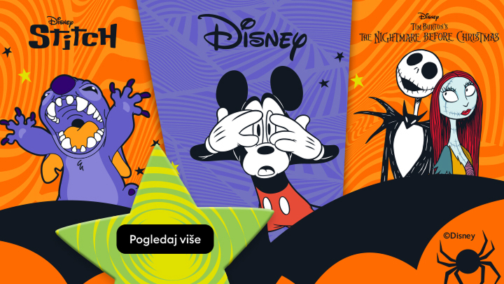 Disney likovi Stitch, Miki Maus, Jack i Sally prikazani na šarenoj pozadini u okviru promotivnog materijala. Poziv na akciju sa tekstom 