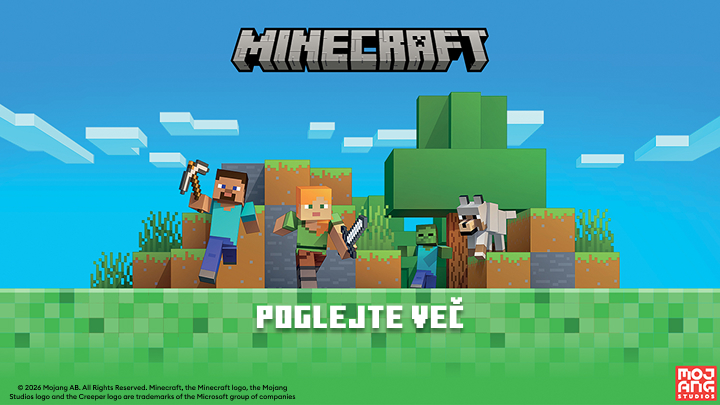 Promocijski vizual za Minecraft, ki predstavlja svet in like igre ter spodbuja uporabnika k raziskovanju dodatnih vsebin.