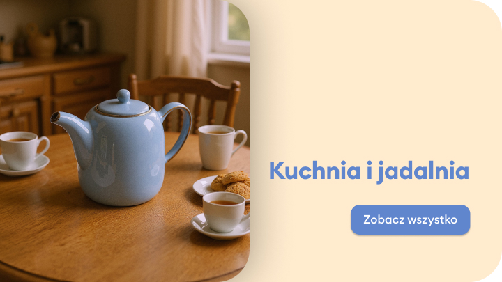 "Zdjęcie stołu w jadalni z zastawą do herbaty i przekąskami. W tle widać drewniane szafki kuchenne. Obok napis: Kuchnia i jadalnia oraz przycisk z tekstem Zobacz wszystko."