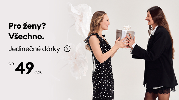 Propagace nabídky dárků pro ženy, znázorněná předáváním dárku mezi dvěma osobami, má inspirovat k výběru vhodného dárku.