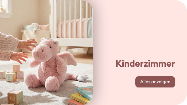 Verweist auf Produkte für das Kinderzimmer, wie Möbel und Spielzeug, und lädt dazu ein, das vollständige Sortiment für Babys und Kinder zu entdecken.