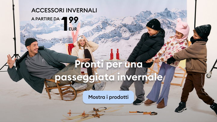 Accessori invernali per passeggiate nella neve disponibili a partire da 1,99 euro. Scopri la collezione che include slitte, bastoncini e abbigliamento per tenerti al caldo durante l'inverno. Perfetti per tutte le età e ideali per momenti di divertimento all'aperto. Mostra i prodotti. banner