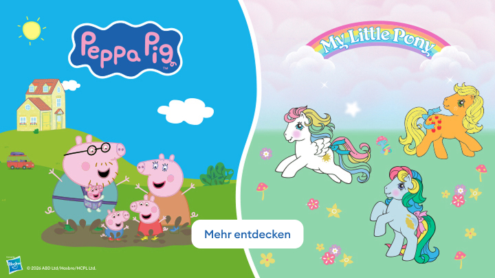 Peppa Wutz und ihre Familie haben Spaß im Freien. Auf der anderen Seite sind farbenfrohe Ponys aus der Serie "My Little Pony" abgebildet, die in einer magischen, blumenreichen Landschaft spielen. In der Mitte ein Button mit der Aufschrift „Mehr entdecken“.