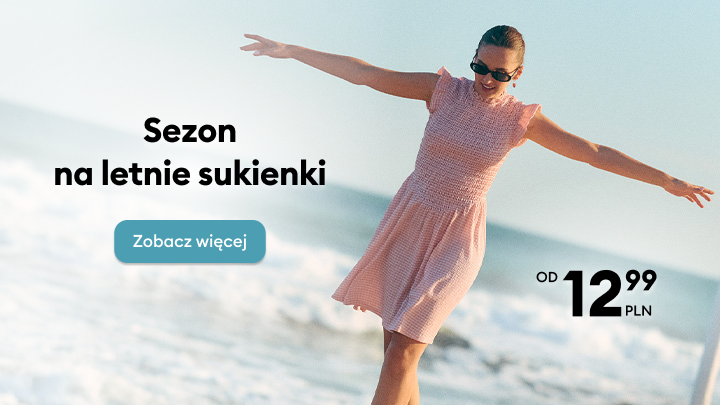 Promocja letnich sukienek z ceną od 12,99 zł, zachęta do przejścia do oferty.