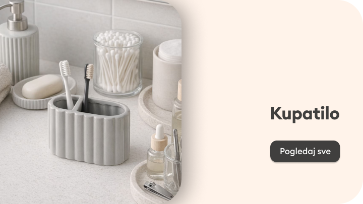 Promocija asortimana dodataka za kupatilo, s fokusom na organizaciju i ličnu njegu, namijenjena da potakne pregled ponude i odabir proizvoda.