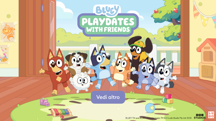 Illustrazione promozionale che invita a scoprire contenuti di Bluey dedicati ai giochi e agli incontri con gli amici, pensati per il divertimento e la socializzazione dei bambini.