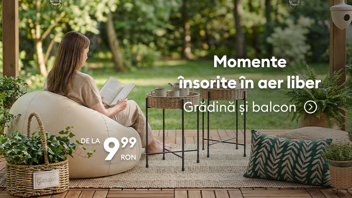 Promovare produse pentru grădină și balcon, sugerând momente de relaxare în aer liber acasă, cu ofertă de prețuri începând de la 9,99 RON.