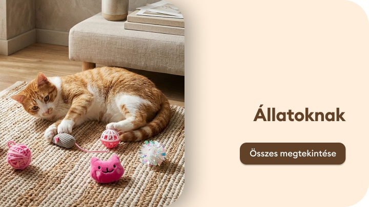 Állatok számára készült termékek kategóriáját népszerűsítő vizuális elem, amely a házi kedvencek kényelmét és otthoni pihenését hangsúlyozza.