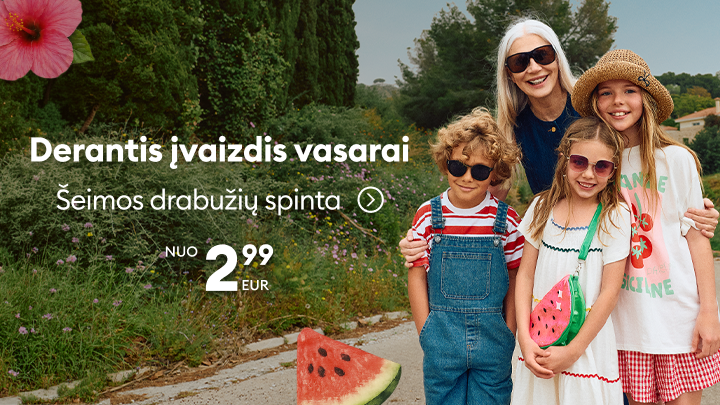 Reklaminis vaizdas, skatinantis atnaujinti šeimos vasaros garderobą ir įsigyti lengvus, patogius drabužius vaikams ir suaugusiesiems.