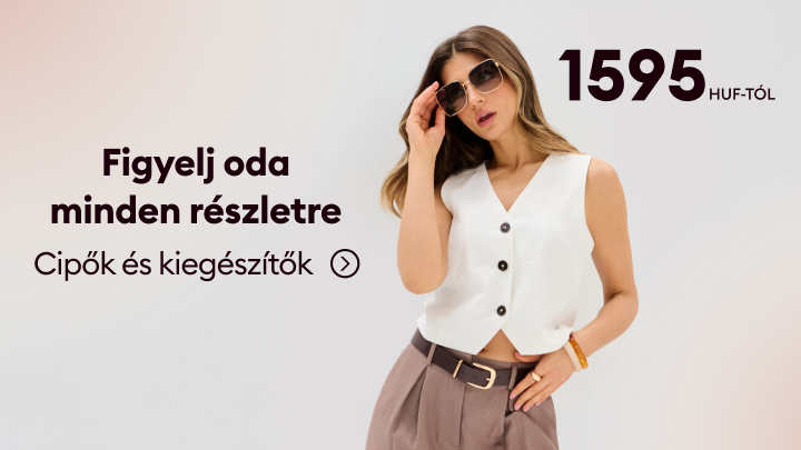 Promóció a cipők és kiegészítők kínálatára, stílusinspirációval és kedvező kezdőárral, a vásárlás ösztönzésére.