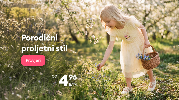 Promotivni vizual koji poziva na kupovinu porodične proljetne odjeće, ističući dječju haljinu i sezonski ugođaj te naglašavajući pristupačnost ponude.