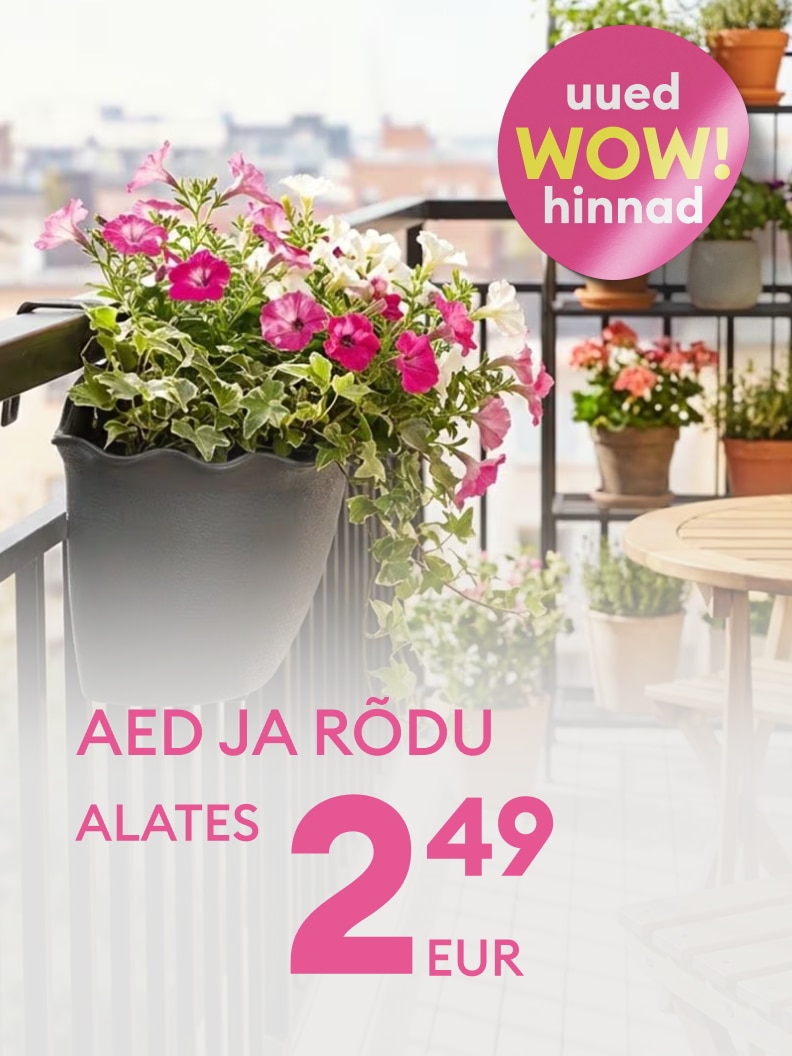 Reklaam aeda ja rõdule mõeldud taimede ja sisustuse soodsatest hindadest, rõhutades uusi kampaaniapakkumisi alates 2,49 eurost.
