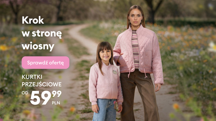 Reklama zachęcająca do zakupu wiosennych kurtek przejściowych dla dorosłych i dzieci, pokazująca wspólne wyjście na świeże powietrze jako symbol zmiany sezonu.