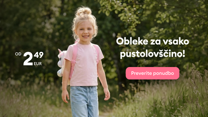 Promocijska pasica za pomladna otroška oblačila, ki spodbuja starše k ogledu ponudbe ter poudarja sproščeno igro in ugodno nakupovanje.