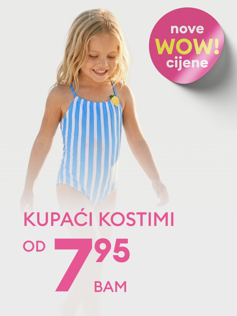 Promocija dječijih kupaćih kostima s novim povoljnim cijenama, usmjerena na roditelje koji traže pristupačnu ljetnu odjeću za djecu.
