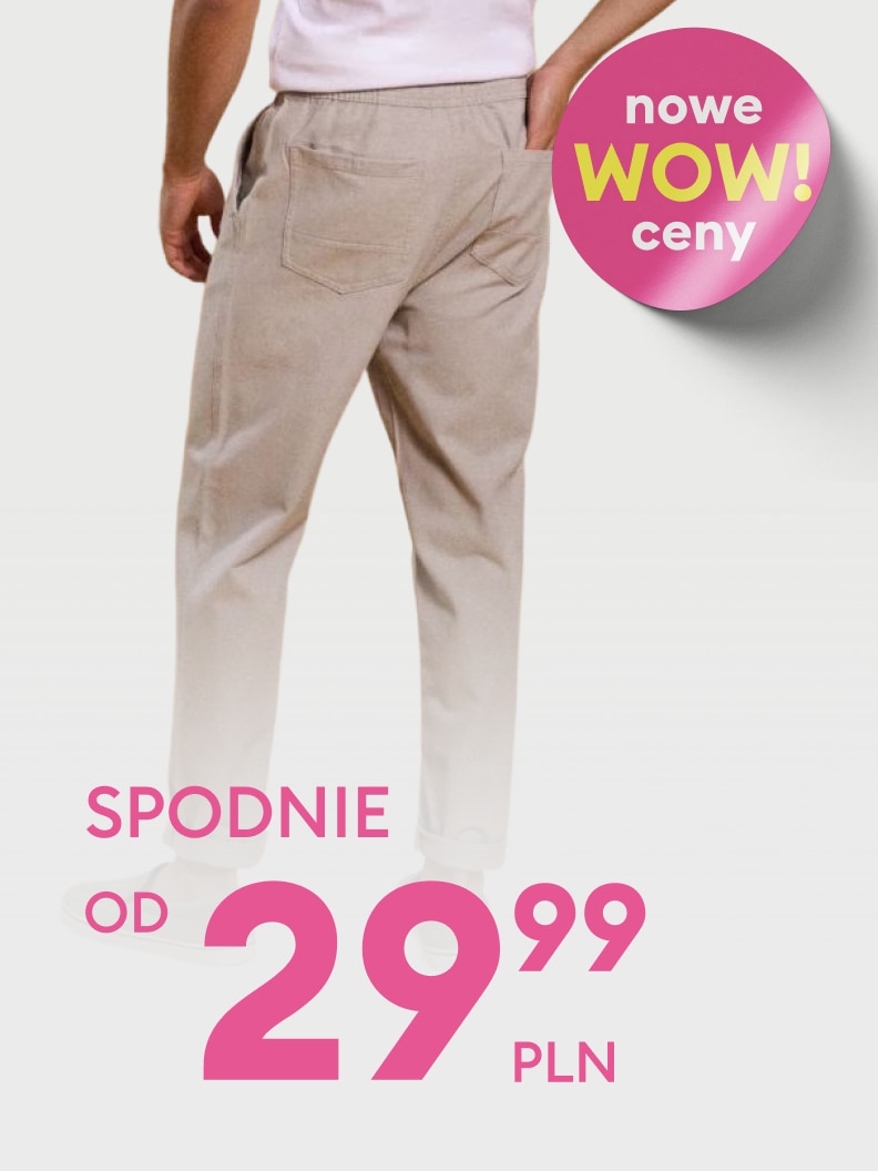 Promocja sprzedaży spodni z nową, obniżoną ceną startową 29,99 zł, mająca na celu zachęcenie do zakupu produktu.