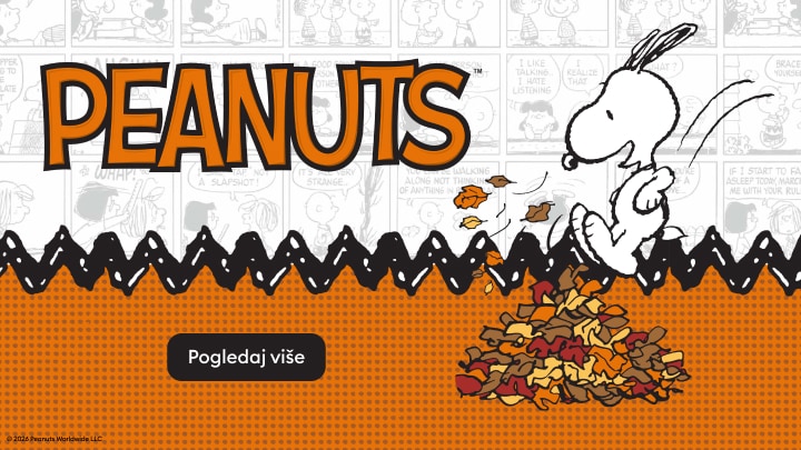 Promocija PEANUTS kolekcije sa likom Snoopyja koji skače u hrpu lišća, uz poziv za pregled ponude