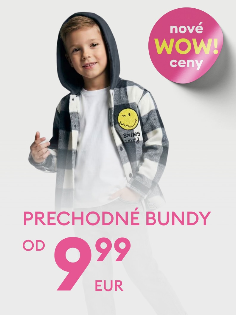 Reklama na detské prechodné bundy s výhodnou cenou od 9,99 € a upozornením na nové akciové ceny.