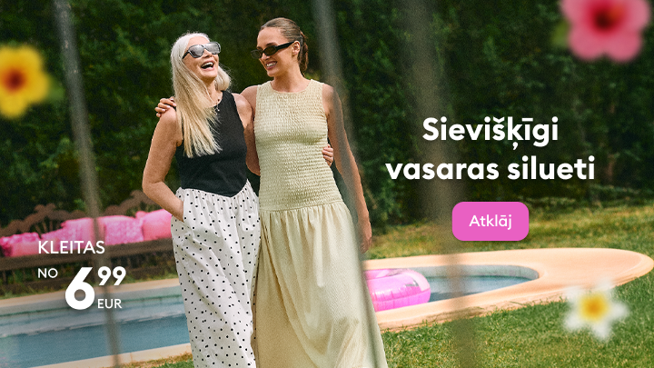 Sieviešu vasaras kleitu kolekcijas reklāma, kas iedvesmo vieglus, sievišķīgus siluetus un aicina iepazīt piedāvājumu izdevīgām ikdienas un atpūtas noskaņām.