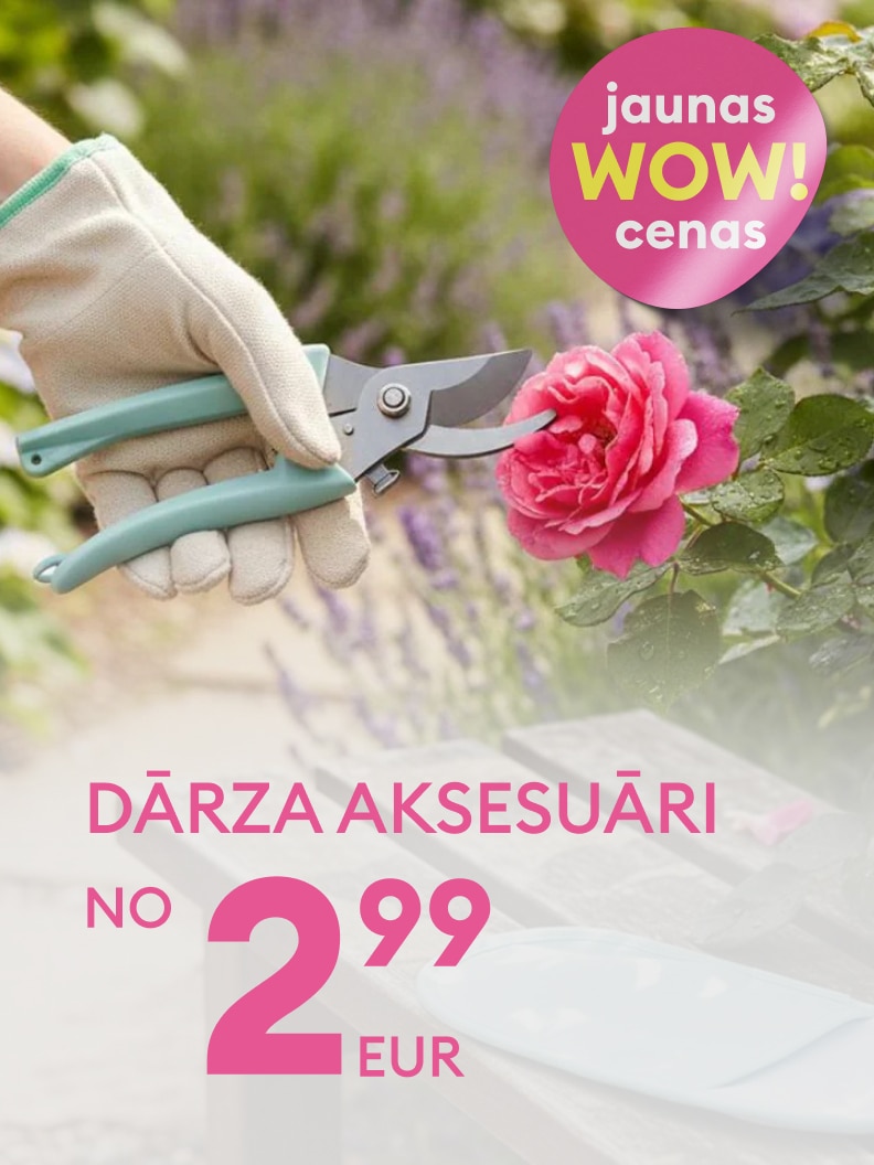 Reklāmas vizuālis, kas informē par dārza aksesuāru piedāvājumu ar īpaši izdevīgu cenu, uzsverot rožu kopšanu un dārza darbu veikšanu.