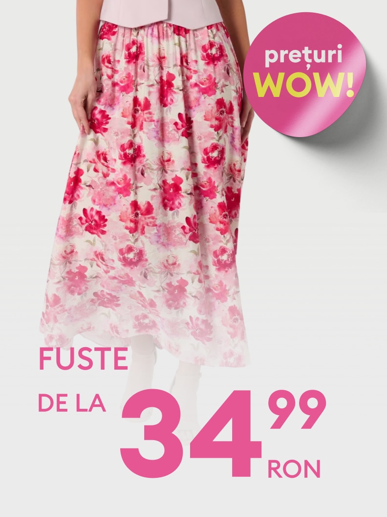 Promovare pentru o fustă cu imprimeu floral, evidențiind o ofertă specială cu preț redus, destinată atragerii cumpărătorilor interesați de articole vestimentare avantajoase.