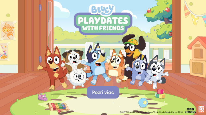 Propagačný obrázok s postavičkami Bluey a jej priateľov, ktorý láka deti a rodičov na hravé stretnutia a spoločné hranie v rámci obsahu Bluey.