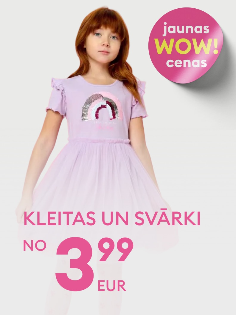 Reklāma bērnu kleitām un svārkiem, informējot par jaunu akciju ar īpaši zemu sākumcenu no 3,99 EUR.