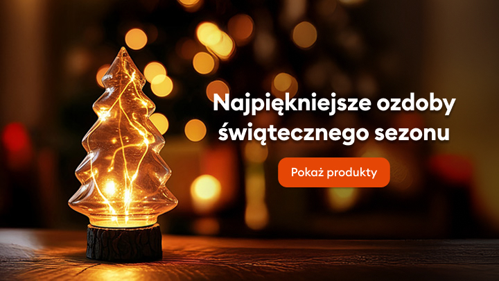 Świąteczna ozdoba w kształcie choinki z lampkami LED. Obok napis promujący najpiękniejsze dekoracje na sezon świąteczny oraz przycisk zachęcający do zobaczenia oferty produktów. Idealne dodatki na magiczny czas Bożego Narodzenia.