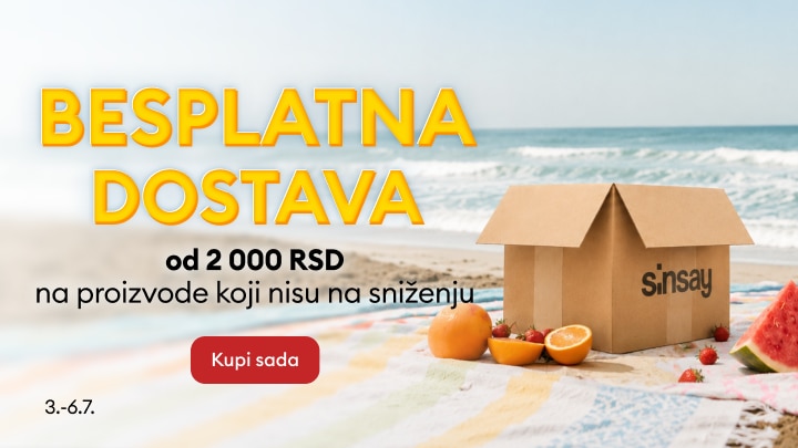 Promocija besplatne dostave za kupovinu proizvoda koji nisu na sniženju u prodavnici Sinsay uz minimalan iznos porudžbine od 2000 RSD.