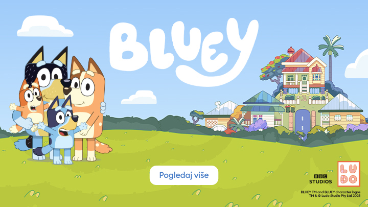 "Prikaz obiteljske zajednice iz popularne animirane serije Bluey. Glavni likovi, uključujući Bluey i njezinu obitelj, prikazani su na otvorenom, ispred šarene kuće. Idealno za ljubitelje obiteljskih avantura i svakodnevnih situacija ispunjenih smijehom i toplinom."