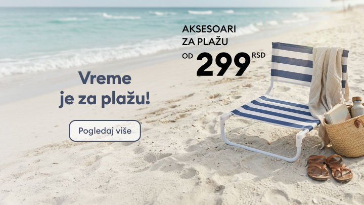 Promocija aksesoara za plažu sa početnom cenom od 299 RSD, podstiče korisnike da pregledaju ponudu i pripreme se za letnji odmor.