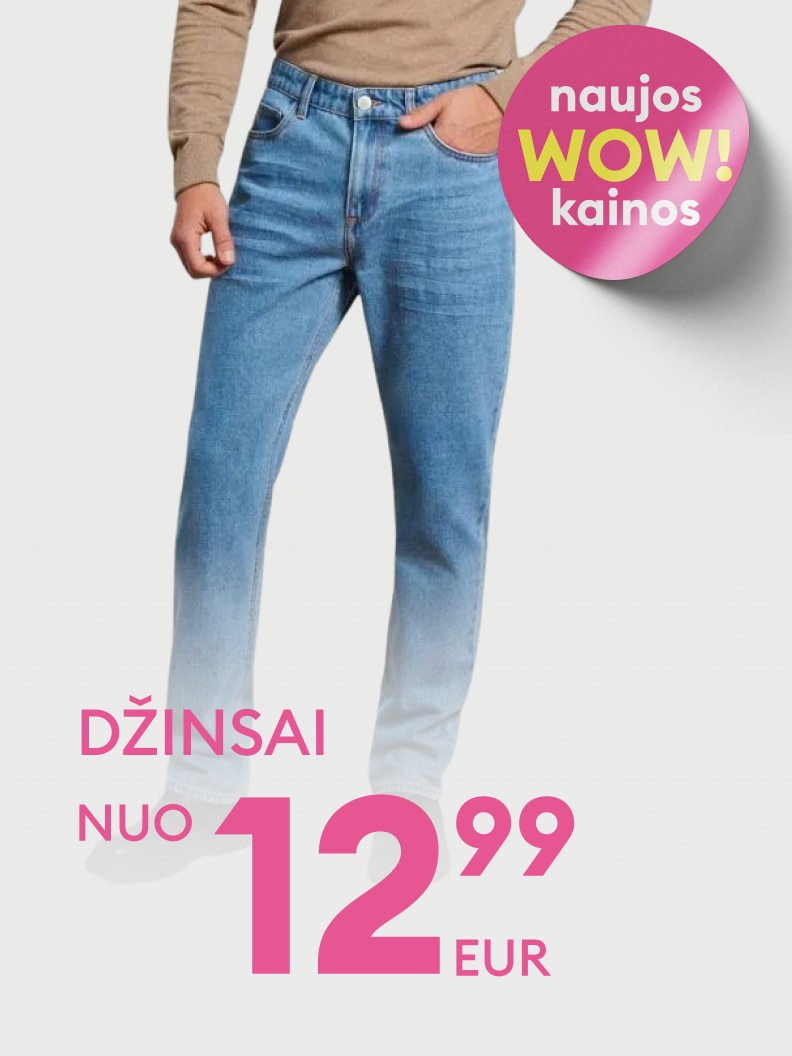 Reklama, informuojanti apie naujas akcines džinsų kainas nuo 12,99 EUR.