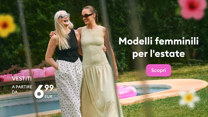 Promozione di modelli femminili per l’estate, con focus su abiti leggeri e versatili per il tempo libero, invitando a scoprire la collezione stagionale a prezzi accessibili.